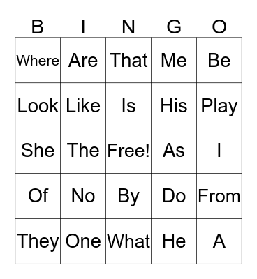 Sight Words Bingo Card