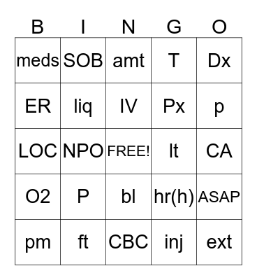 Medical Abbreviations Bingo Card