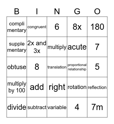 Pre-Algebra Bingo Card