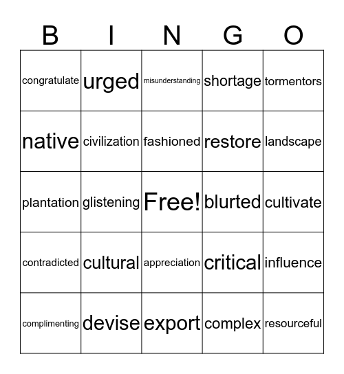 Vocabulary BINGO Card