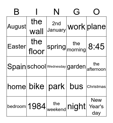 IN/ AT/ ON Bingo Card