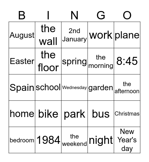 IN/ AT/ ON Bingo Card