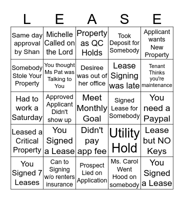 Capital Property Leasing Bingo Card