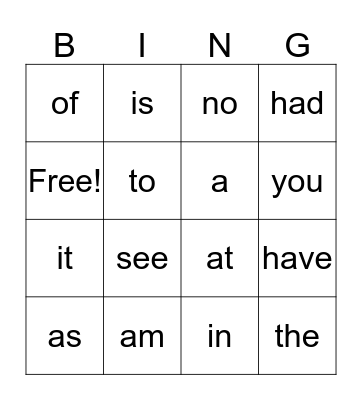Sight Words Bingo Card