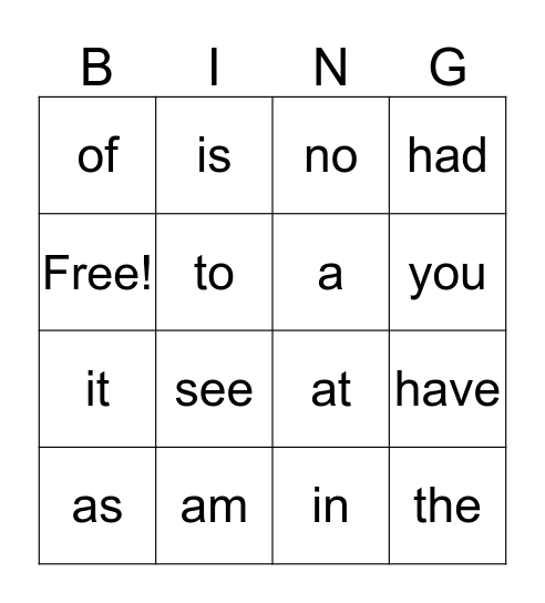 Sight Words Bingo Card