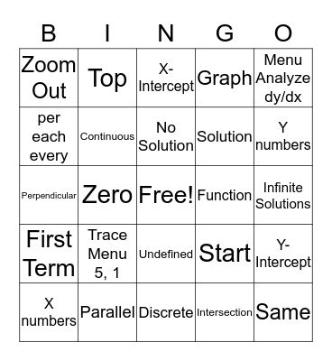 Algebra I Semester 1 Vocabulary Bingo Card