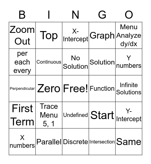 Algebra I Semester 1 Vocabulary Bingo Card