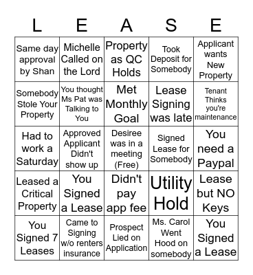 Capital Property Leasing Bingo Card