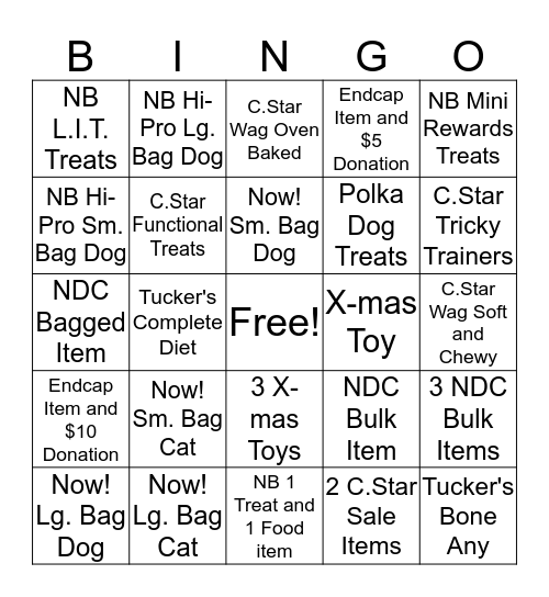 Dec. End Cap Promotion Contest Bingo Card
