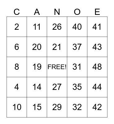 Canoe Facts Bingo Card