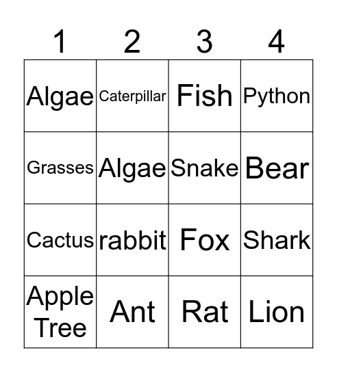 Trophic Level Bingo Card