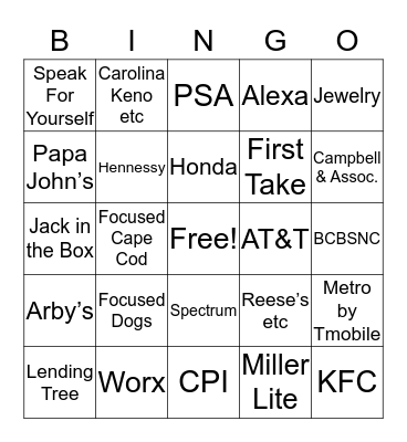 Hornets Commercials Bingo Card