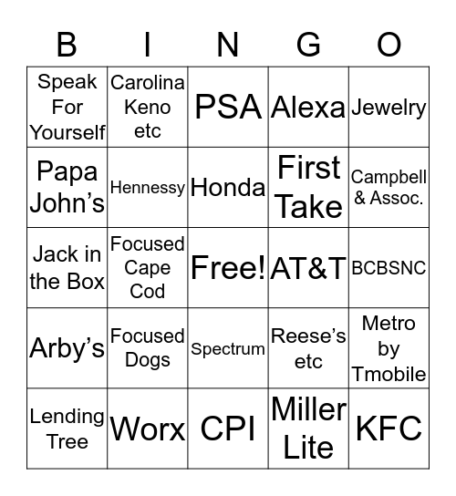 Hornets Commercials Bingo Card