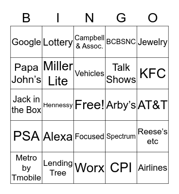 Hornets Commercials Bingo Card