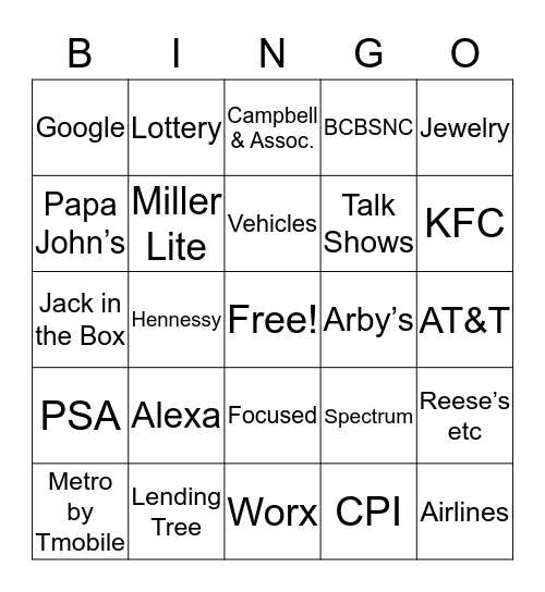 Hornets Commercials Bingo Card