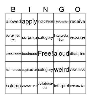 2C Vocabulary Words  Bingo Card