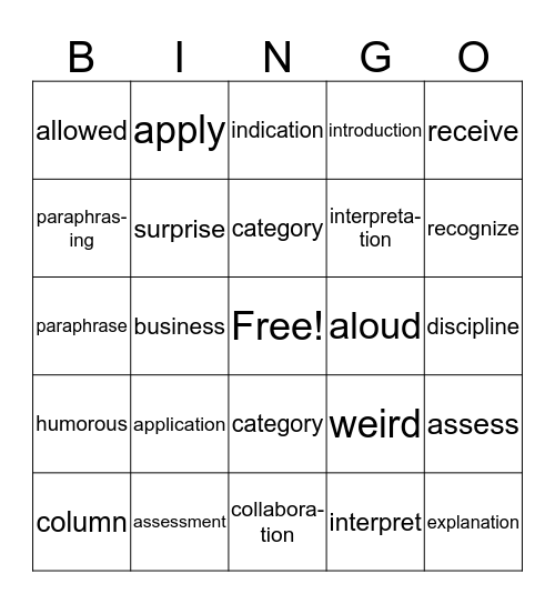 2C Vocabulary Words  Bingo Card