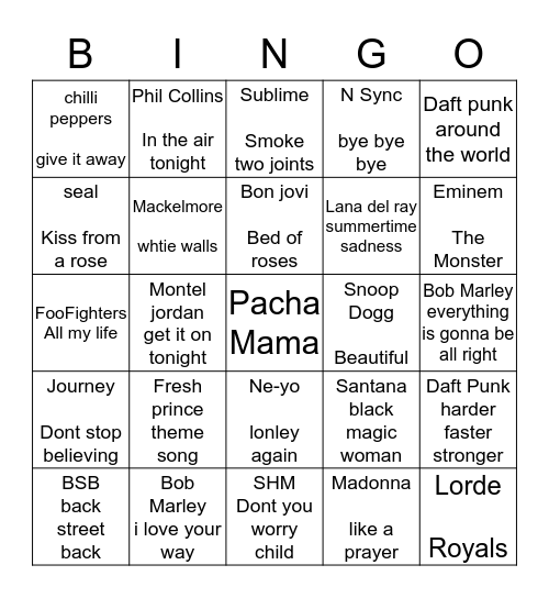 Music Bingo # 1 Bingo Card