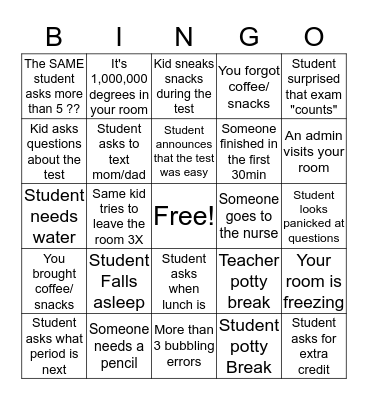 Exam Proctoring Bingo Card