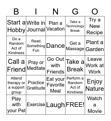 Self Care Bingo Card