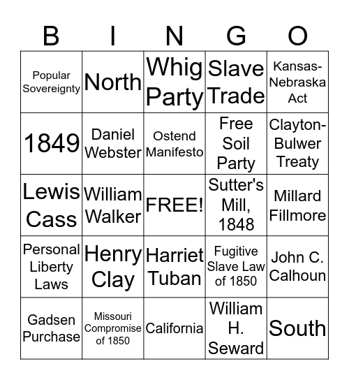 Chapter 18 - The Road to Sectionalism Bingo Card