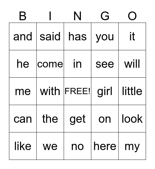 Sight Word Bingo Card