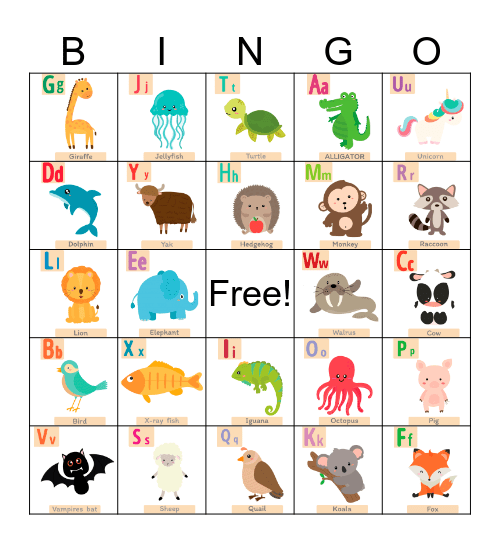 ANIMAL ALPHABET BINGO Card