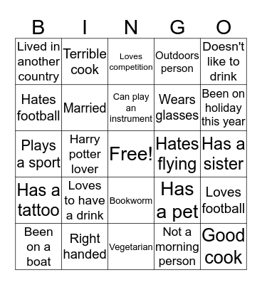 Getting to know you! Bingo Card