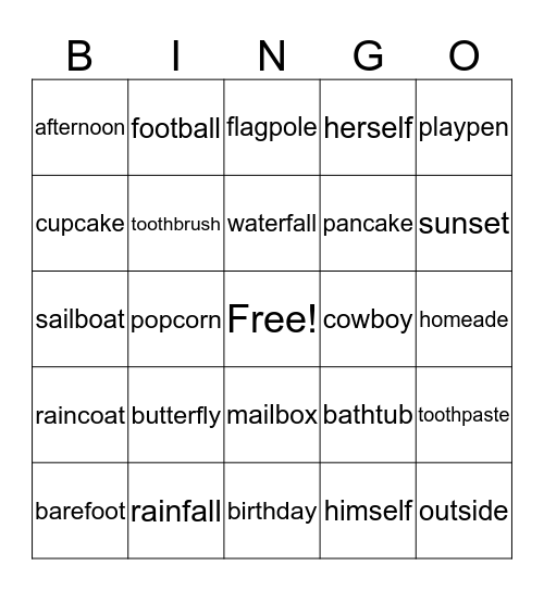 Compound Words Bingo Card