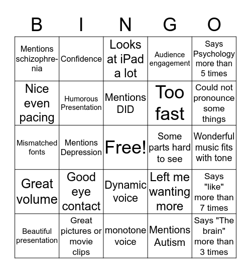 Psychology Presentation Bingo Card