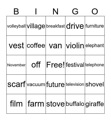 Speech Bingo Card