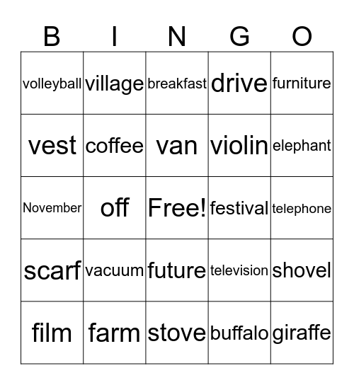 Speech Bingo Card