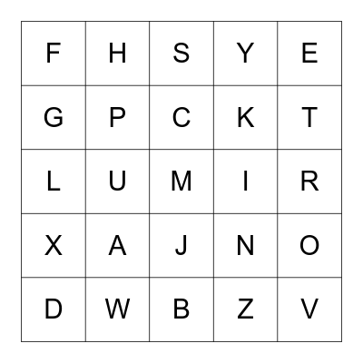 Z is for Zoo Alphabet Bingo Card