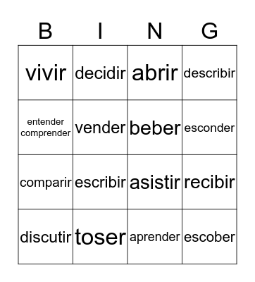 Regular ER and IR infinitive verbs Bingo Card