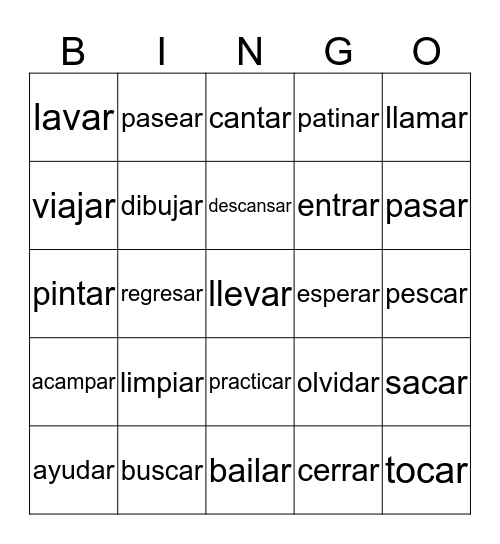 Regular AR Infinitive Verbs Bingo Card