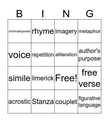 Poetry Review Bingo Card