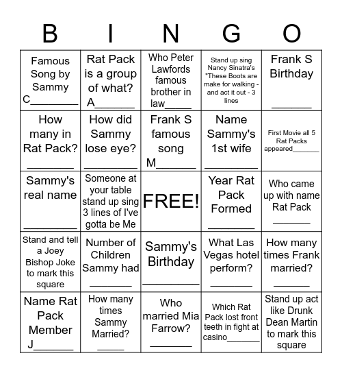 Rat Pack - Trivia Bingo Card