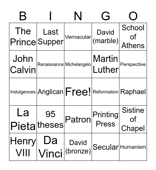 Renaissance  Bingo Card