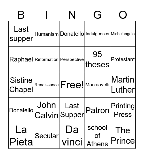 Renaissance Bingo Card