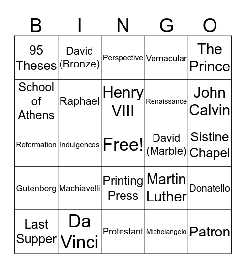 Renaissance  Bingo Card
