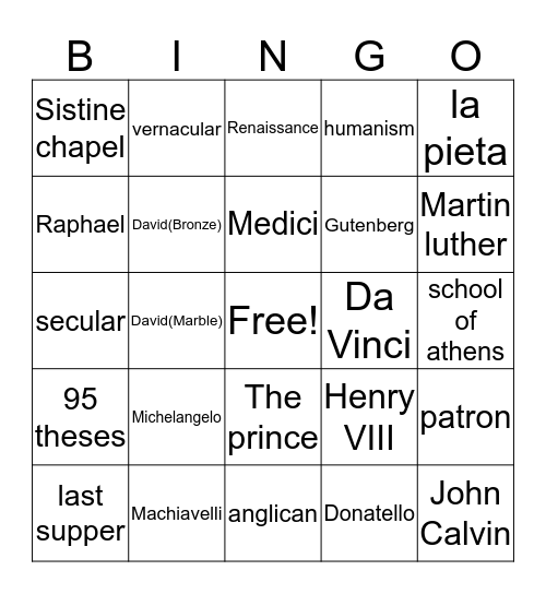 Renaissance Bingo Card