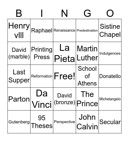 Renaissance Bingo Card