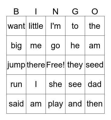 Sight Words Bingo Card