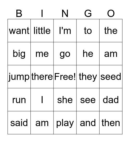 Sight Words Bingo Card