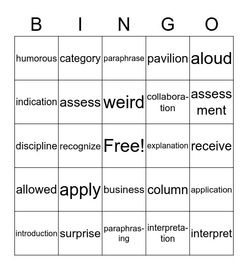 2C Vocabulary Words Bingo Card