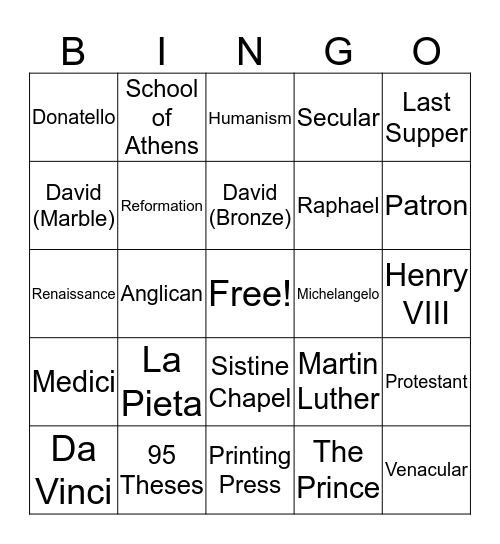 Renaissance Bingo Card
