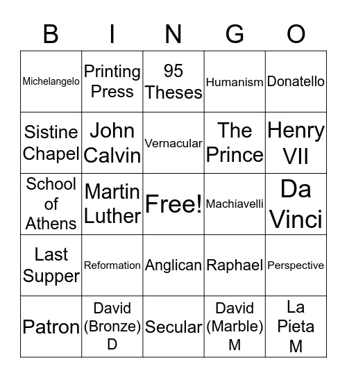 Renaissance  Bingo Card