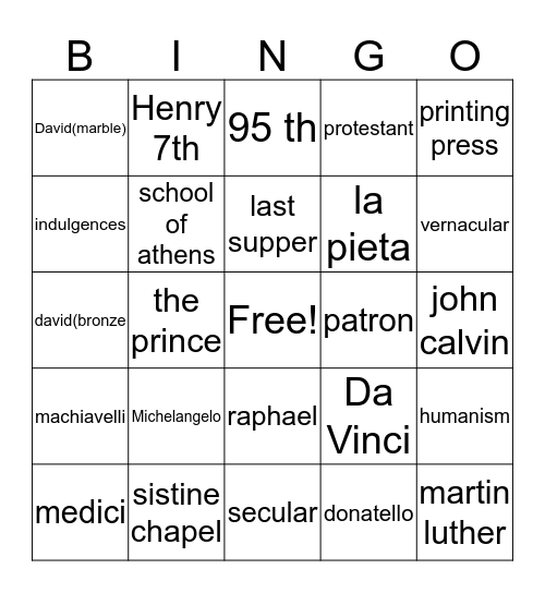 renaissance Bingo Card