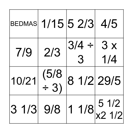 Fractions! Bingo Card