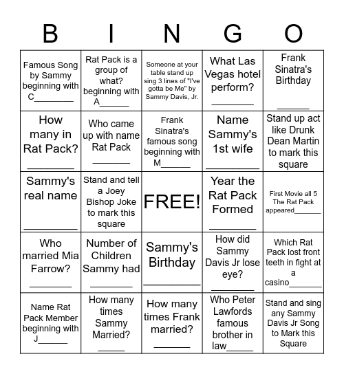 Rat Pack - Trivia Bingo Card